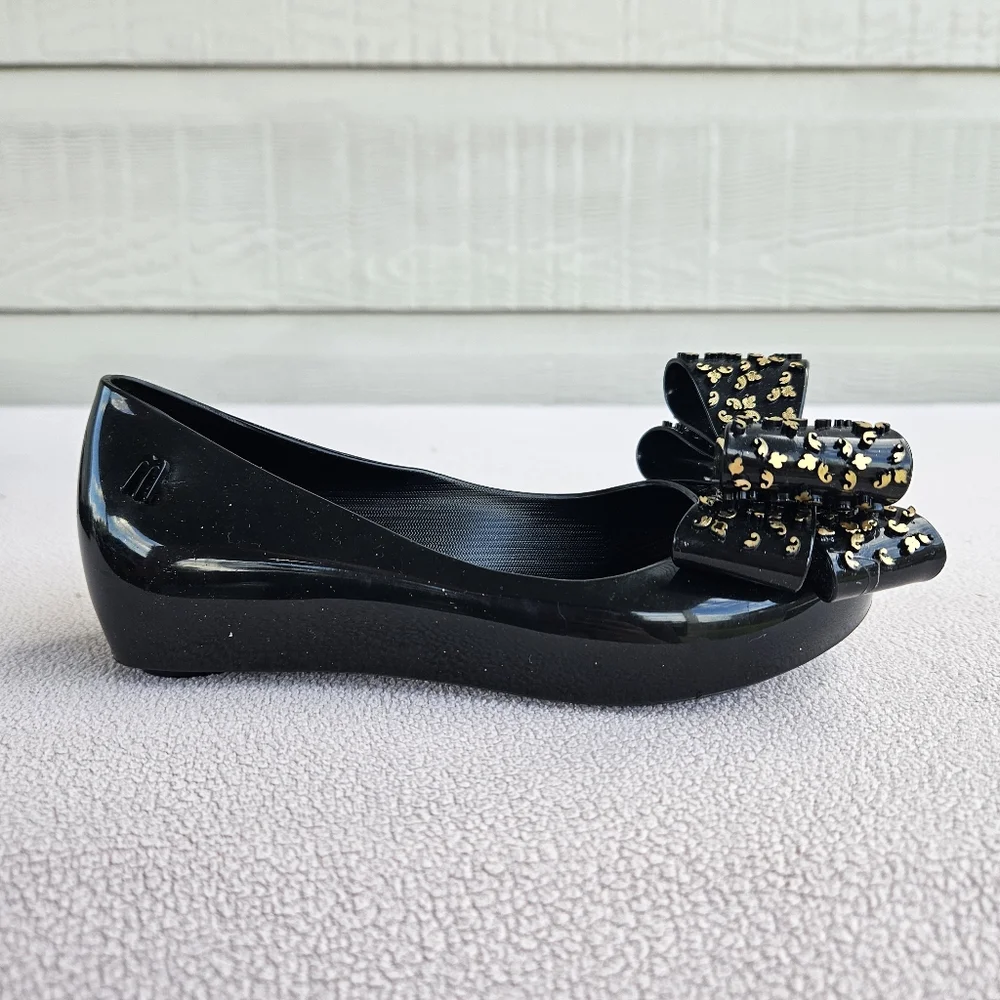 Melissa Mini Mel Ultragirl Sweet XVI Black Gold Jelly Flat Bow Girl SZ 11 Formal